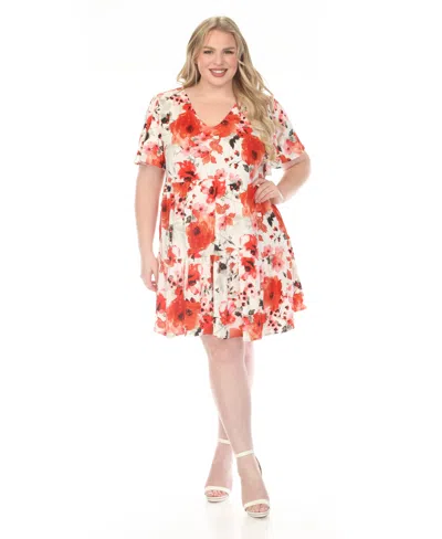 White Mark Plus Size V-neck Vintage Floral Short Sleeve Dress In Orange