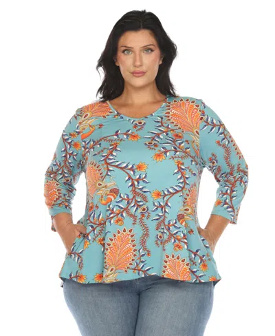 White Mark Plus Size Vibrant Boho Swing Top In Denim Blue
