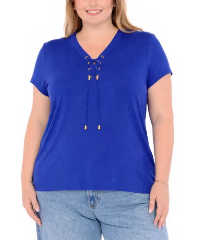 White Mark Plus Size V-neck Front Tie Top In Blue