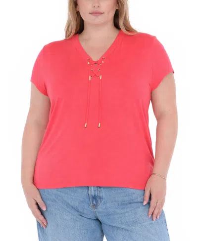 White Mark Plus Size V-neck Front Tie Top In Red