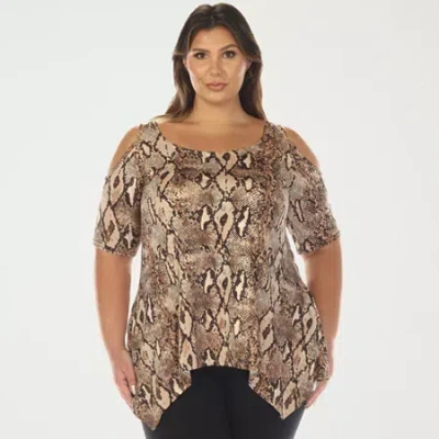 White Mark Plus Snake Print Womens Scoop Neck Short Sleeve Tunic Top In Brown