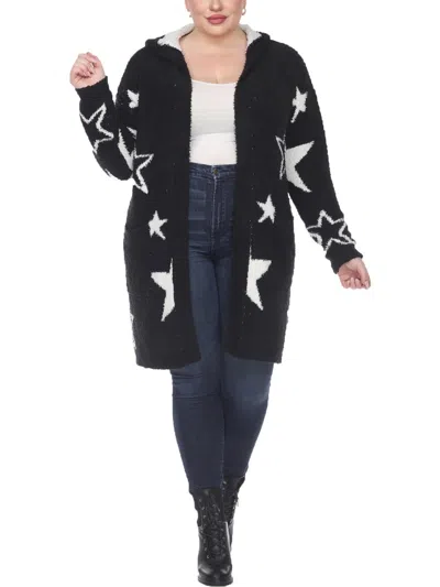 White Mark Plus Size Hooded Open Front Sherpa Sweater In Black,white Stars