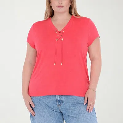 White Mark Plus V-neck Front Tie Womens V Neck Short Sleeve Tunic Top In Pink