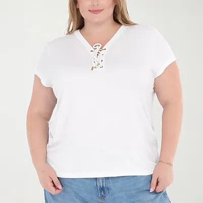 White Mark Plus V-neck Front Tie Womens V Neck Short Sleeve Tunic Top In White
