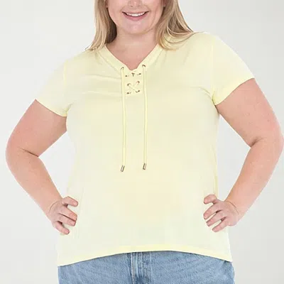 White Mark Plus V-neck Front Tie Womens V Neck Short Sleeve Tunic Top In Yellow