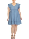White Mark Plus Size Ruffle Sleeve Knee-length Dress In Denim Blue