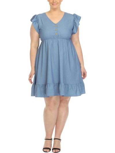 White Mark Plus Size Ruffle Sleeve Knee-length Dress In Denim Blue