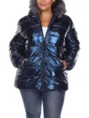 White Mark Plus Size Metallic Puffer Coat With Hoodie In Blue