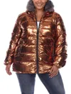 White Mark Plus Size Metallic Puffer Coat With Hoodie In Gold