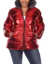 White Mark Plus Size Metallic Puffer Coat With Hoodie In Red