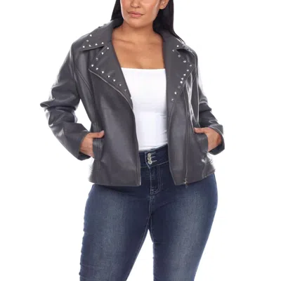 White Mark Plus Womens Faux Leather Studded Motorcycle Jacket In Grey