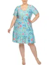 White Mark Plus Size Floral Short Sleeve Knee Length Dress In Blue