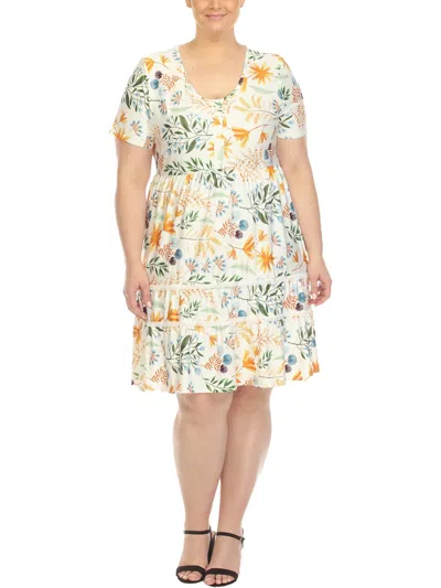 White Mark Plus Size Floral Short Sleeve Knee Length Dress In White