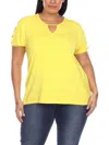 White Mark Plus Size Keyhole Neck Cutout Short Sleeve Top In Yellow