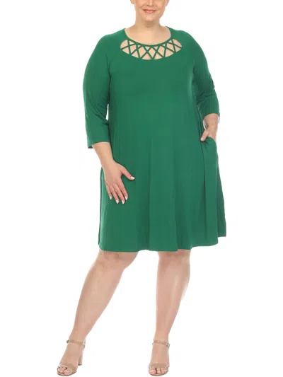 White Mark Women's Plus Size Criss Cross Neckline Swing Midi Dress In Green