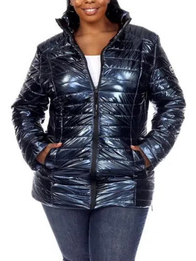 White Mark Plus Womens Metallic Warm Puffer Jacket In Blue