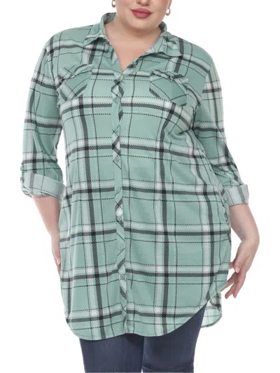 White Mark Plus Womens Plaid Button Down Tunic Top In Green