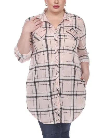 White Mark Plus Womens Plaid Button Down Tunic Top In Pink