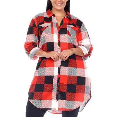 White Mark Plus Womens Plaid Button Front Tunic Top In Red