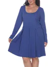 White Mark Plus Size Classic Long Sleeve Fit And Flare Dress In Blue