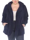 White Mark Plus Size Plush Hooded Cardigan Jacket With Pockets In Blue