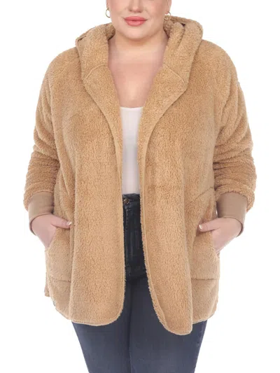 White Mark Plus Size Plush Hooded Cardigan Jacket With Pockets In Brown
