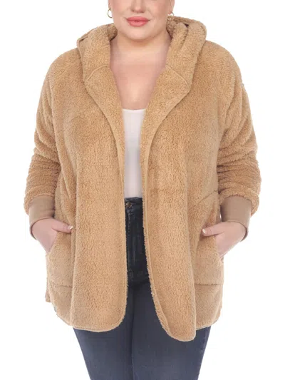 White Mark Plus Size Plush Hooded Cardigan Jacket With Pockets In Camel