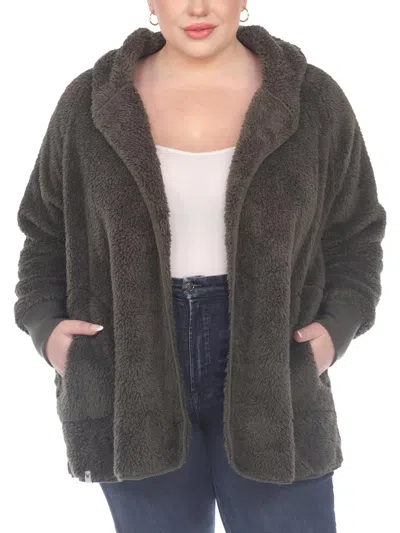 White Mark Plus Size Plush Hooded Cardigan Jacket With Pockets In Green