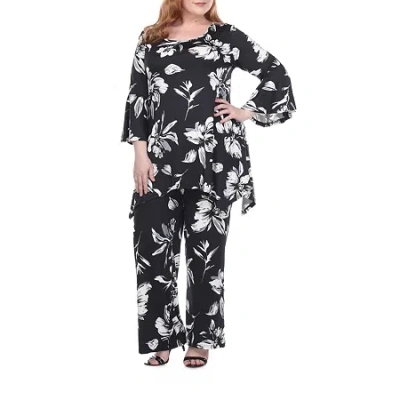 White Mark Plus Womens Round Neck 3/4 Sleeve Tunic Top In Black