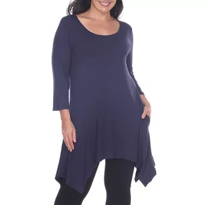 White Mark Plus Womens Round Neck 3/4 Sleeve Tunic Top In Blue