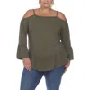 White Mark Plus Size Cold Shoulder Ruffle Sleeve Top In Green