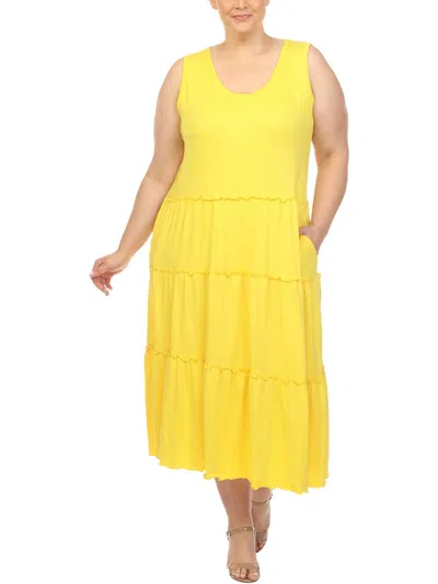 White Mark Plus Size Scoop Neck Tiered Midi Dress In Canary Yellow