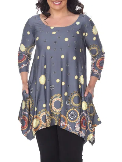 White Mark Plus Womens Sharkbite Hem Floral Tunic Top In Grey