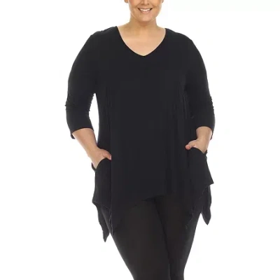 White Mark Plus Womens V Neck 3/4 Sleeve Tunic Top In Black