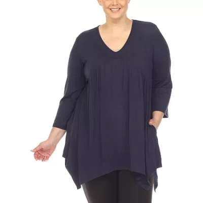 White Mark Plus Womens V Neck 3/4 Sleeve Tunic Top In Blue