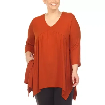 White Mark Plus Womens V Neck 3/4 Sleeve Tunic Top In Brown