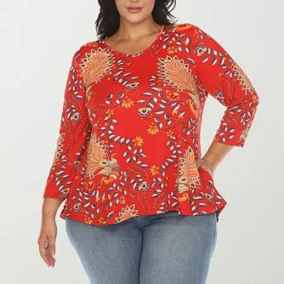 White Mark Plus Womens V Neck 3/4 Sleeve Tunic Top In Red