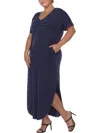 White Mark Plus Size Short Sleeve V-neck Maxi Dress In Blue