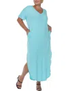 White Mark Plus Size Short Sleeve V-neck Maxi Dress In Blue