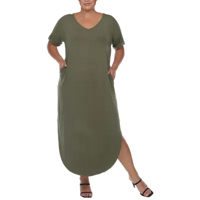 White Mark Plus Size Short Sleeve V-neck Maxi Dress In Olive