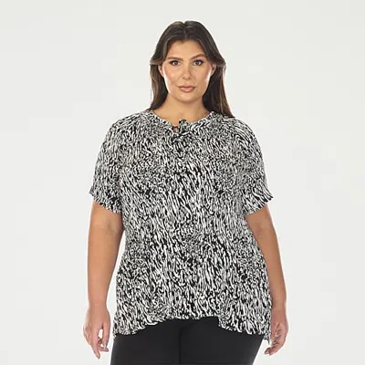 White Mark Printed Womens Plus Split Tie Neck Short Sleeve Peplum Top In Blue