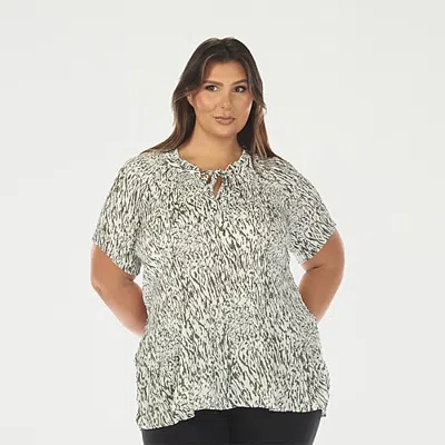 White Mark Printed Womens Plus Split Tie Neck Short Sleeve Peplum Top In Green