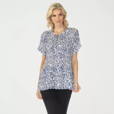 White Mark Printed Womens Split Tie Neck Short Sleeve Peplum Top In Blue