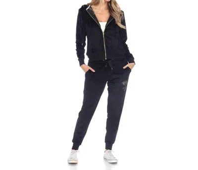 WHITE MARK RHINESTONE 2 PIECE VELOUR TRACKSUIT SET IN BLACK