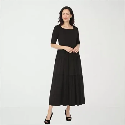 White Mark Square Neck Short Sleeve Tiered Womens Elbow Sleeve Maxi Dress In Black