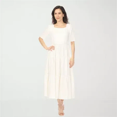 White Mark Square Neck Short Sleeve Tiered Womens Elbow Sleeve Maxi Dress In White