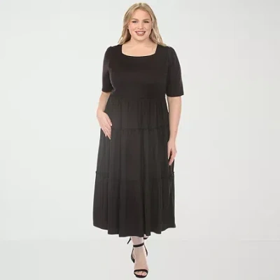 White Mark Square Neck Short Sleeve Tiered Womens Plus Elbow Sleeve Maxi Dress In Black