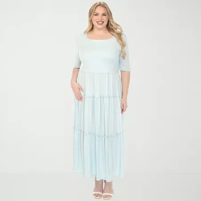 White Mark Square Neck Short Sleeve Tiered Womens Plus Elbow Sleeve Maxi Dress In Blue