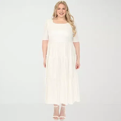 White Mark Square Neck Short Sleeve Tiered Womens Plus Elbow Sleeve Maxi Dress In White