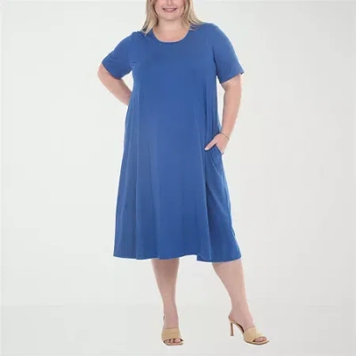 White Mark Plus Size Short Sleeve Pocket Swing Midi Dress In Royal